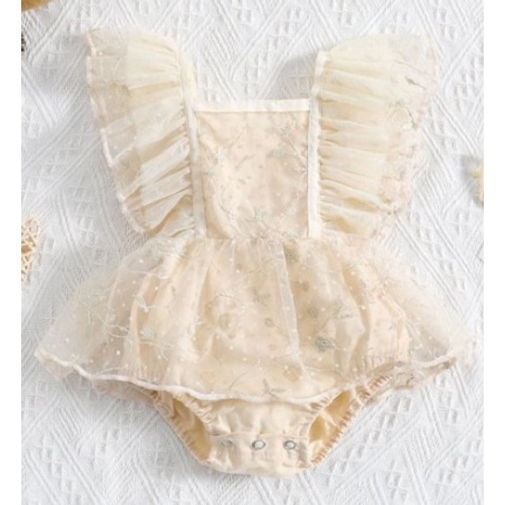 Embroidered Tulle Flutter Sleeve Romper Bodysuit Cream Tutu Dress Photoshoot EUC